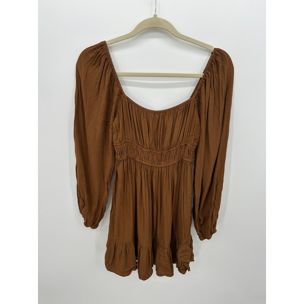 Brown‎ Peasant Babydoll Mini Dress Sz S Smocked Boho Cottagecore